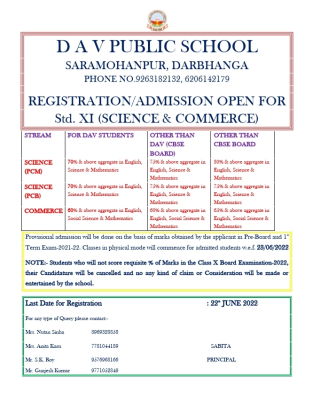 Registration and Admission Open for XI
